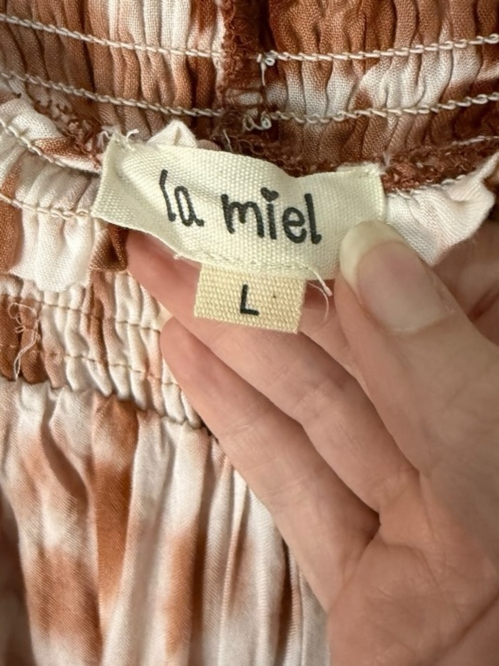 La Miel Tie Dye Palazzo Pants Wide Leg Boho Goddess Rayon Brown Ivory L - Picture 4 of 5